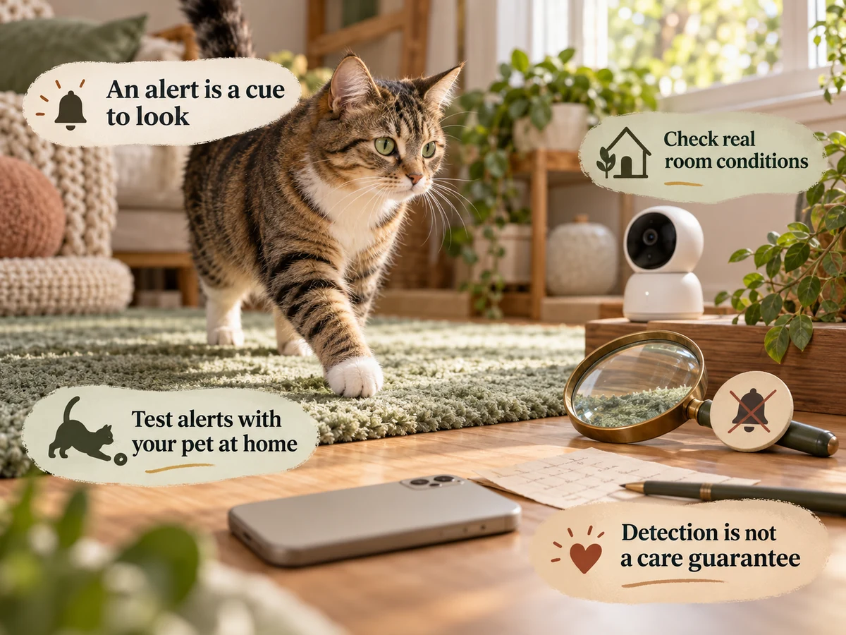 Illustration: Illustrated cat and reminder objects explain that alerts should prompt a real check