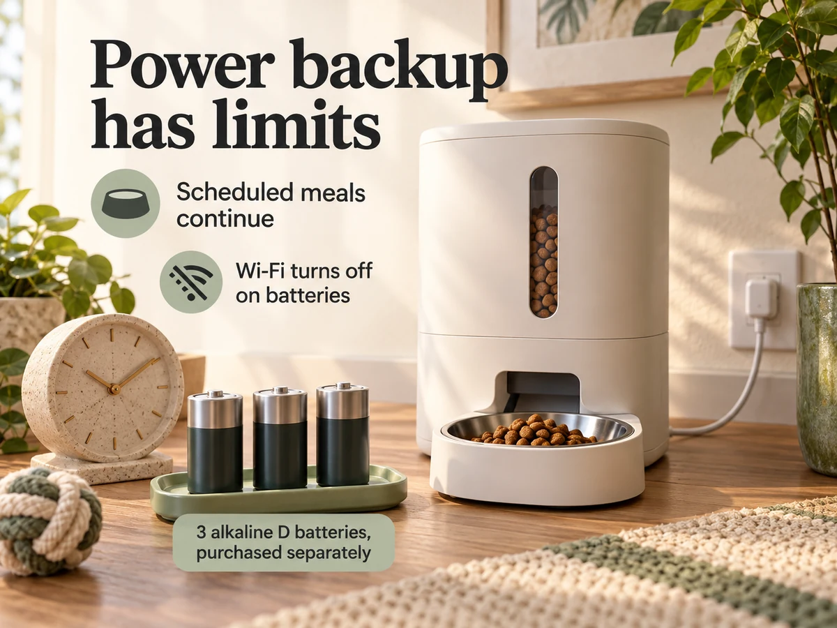 Illustration: Three D batteries, a clock and a simplified feeder explain emergency backup and Wi-Fi limits