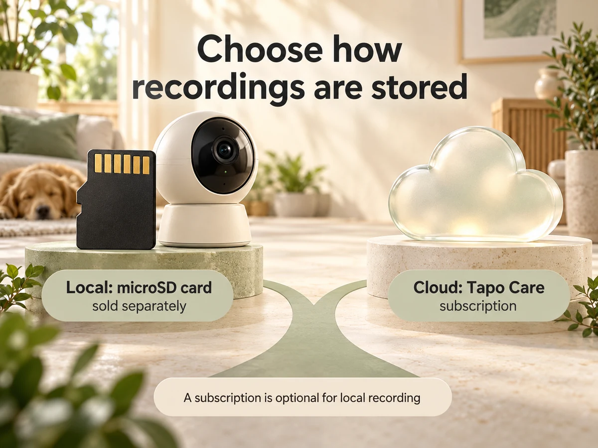 Illustration: Conceptual microSD card and cloud sculpture distinguish local storage from a subscription