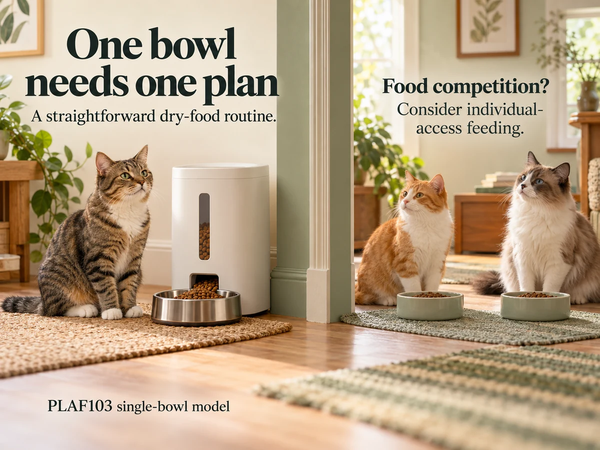 Illustration: Single-cat feeding and two-cat bowls illustrate why food competition changes the choice