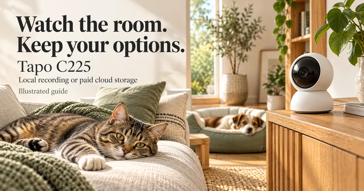 Illustration: Illustrated indoor room camera with a cat on a sofa and a small dog resting nearby
