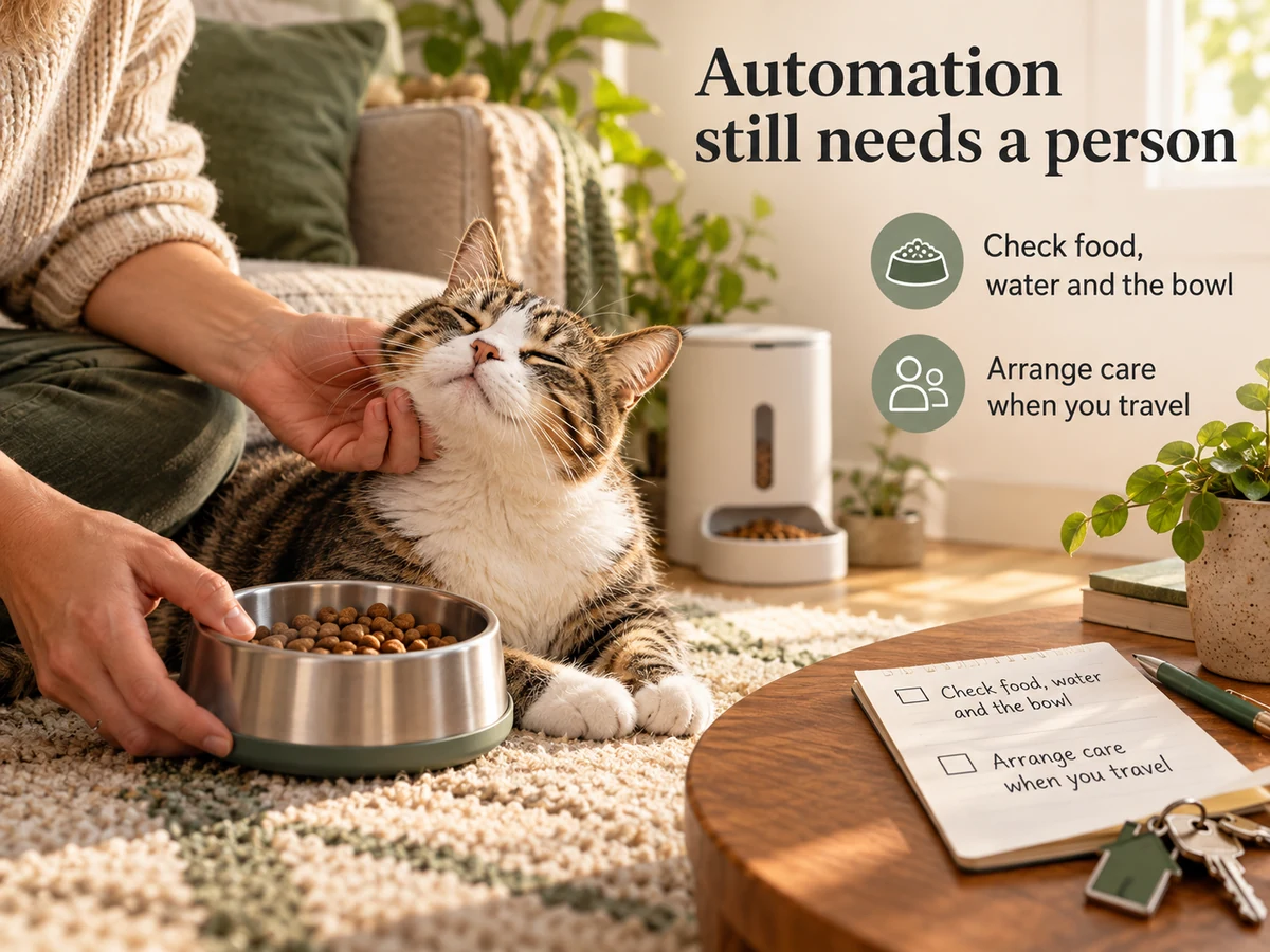Illustration: Human hands caring for a cat illustrate why automatic feeding still needs supervision