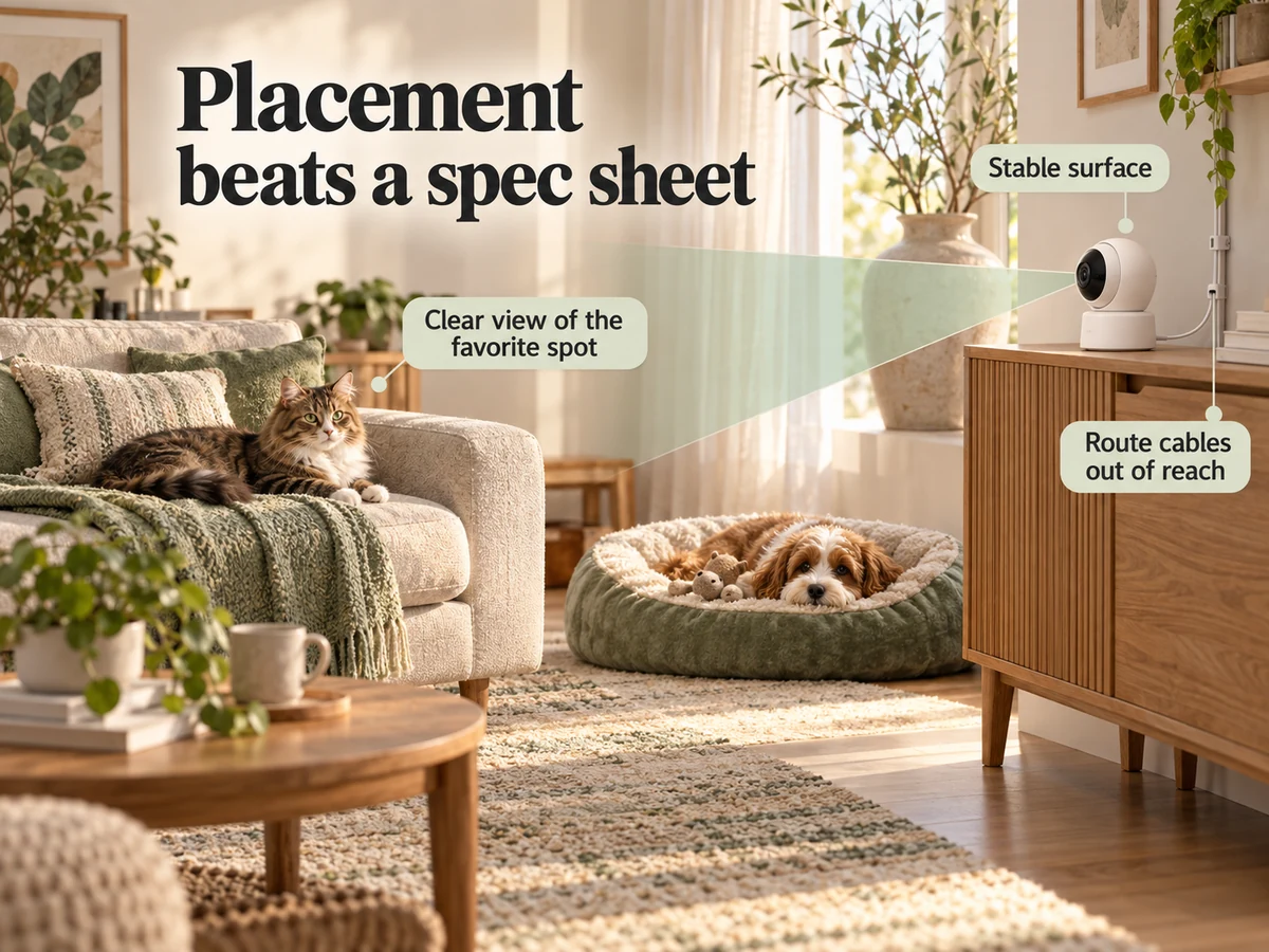 Illustration: Illustrated room placement shows a stable camera surface, clear view and routed power cable