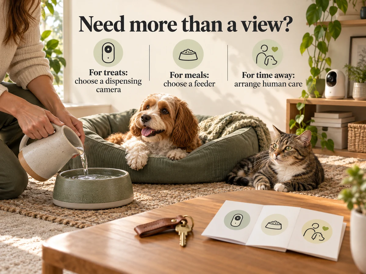 Illustration: Person refilling a dog's water bowl illustrates choosing feeding tools and arranging care