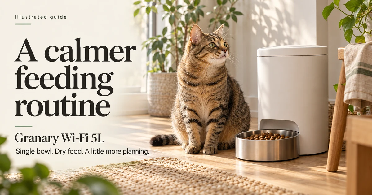 Illustration: Illustrated cat beside an original single-bowl dry-food dispenser in a sunny feeding corner