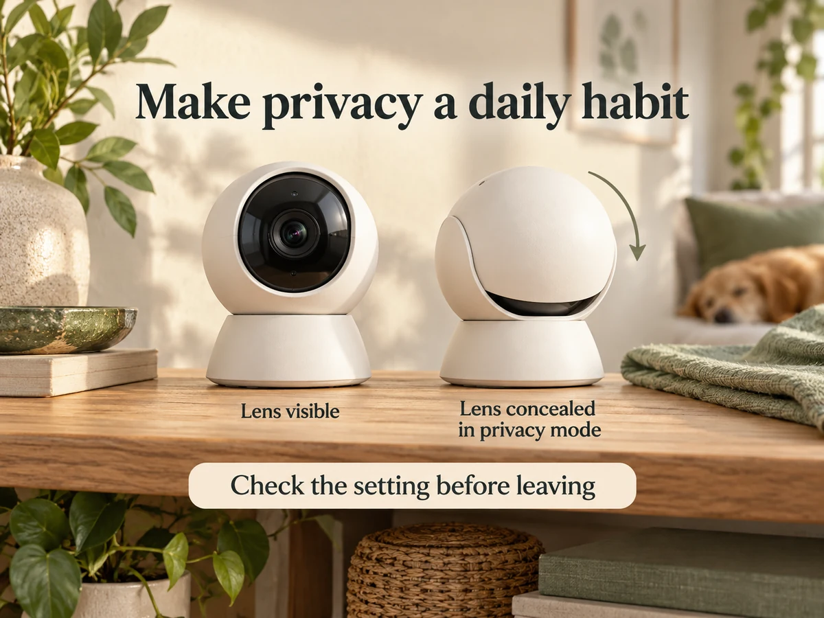 Illustration: Two simplified camera concepts illustrate visible and concealed lenses for privacy