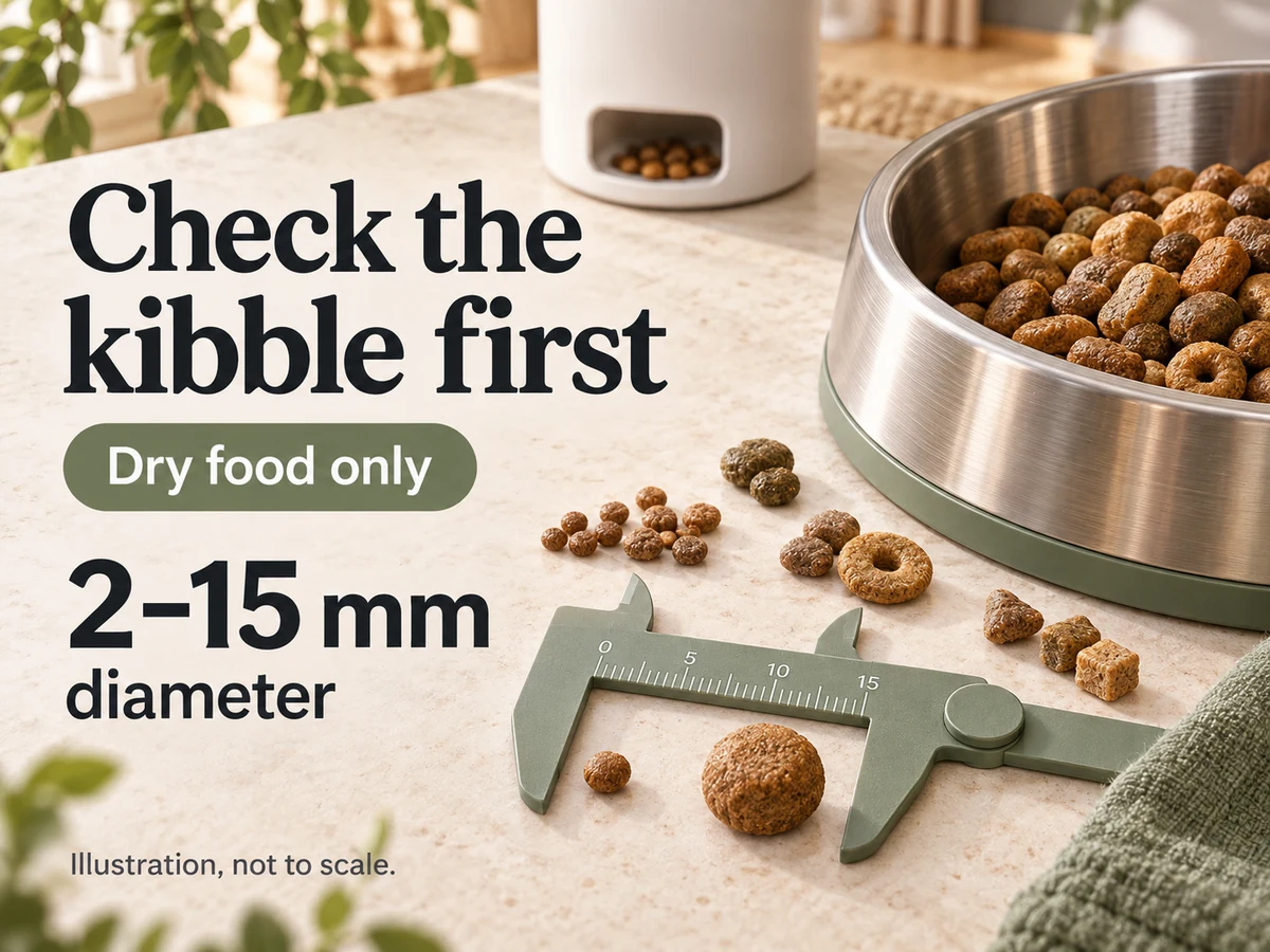Illustration: Illustrated kibble and measuring tool explain the manufacturer's 2–15 mm diameter requirement